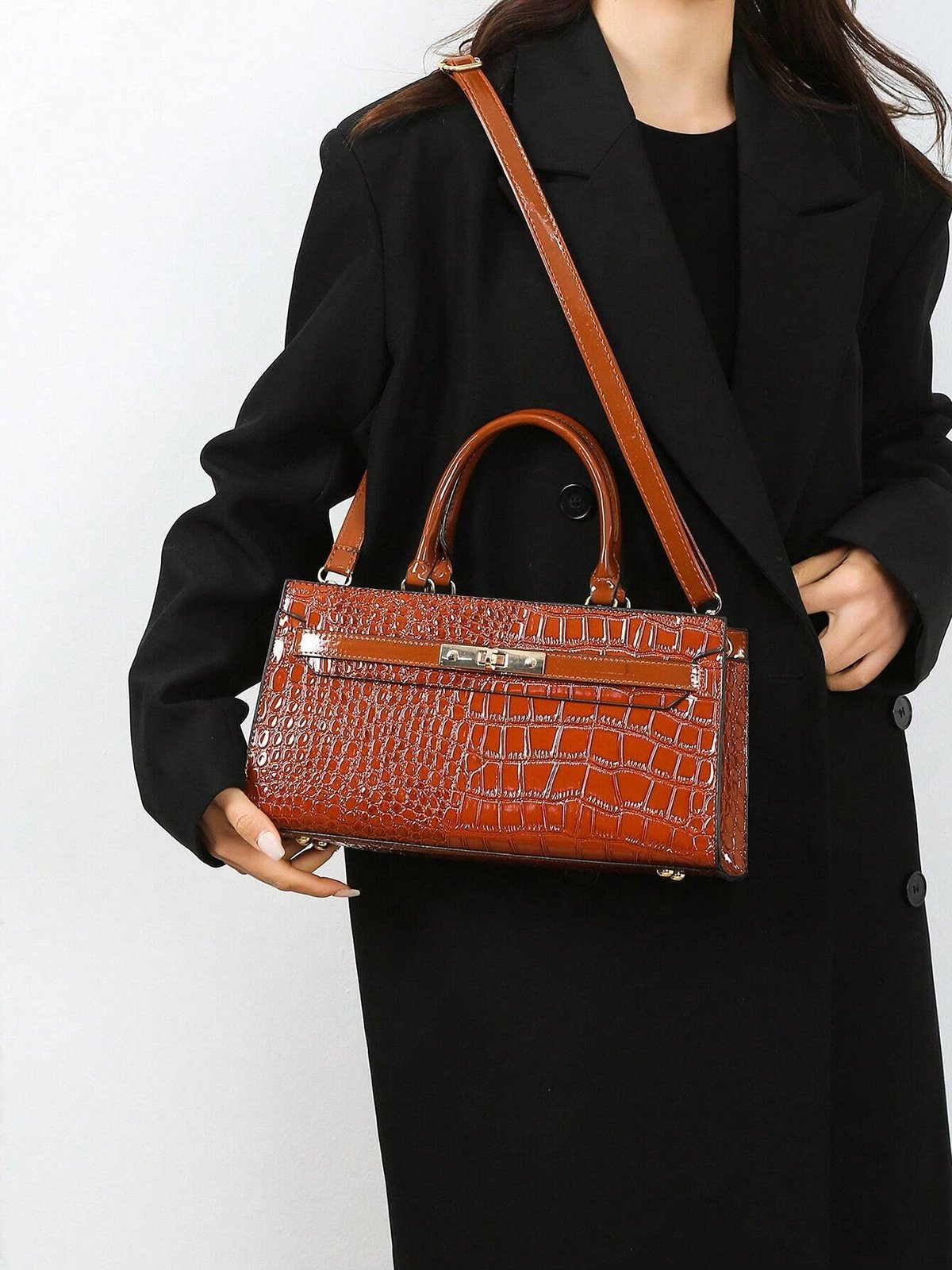 Crocodile Embossed Handbag Commuting Patent PU Leather Square Crossbody