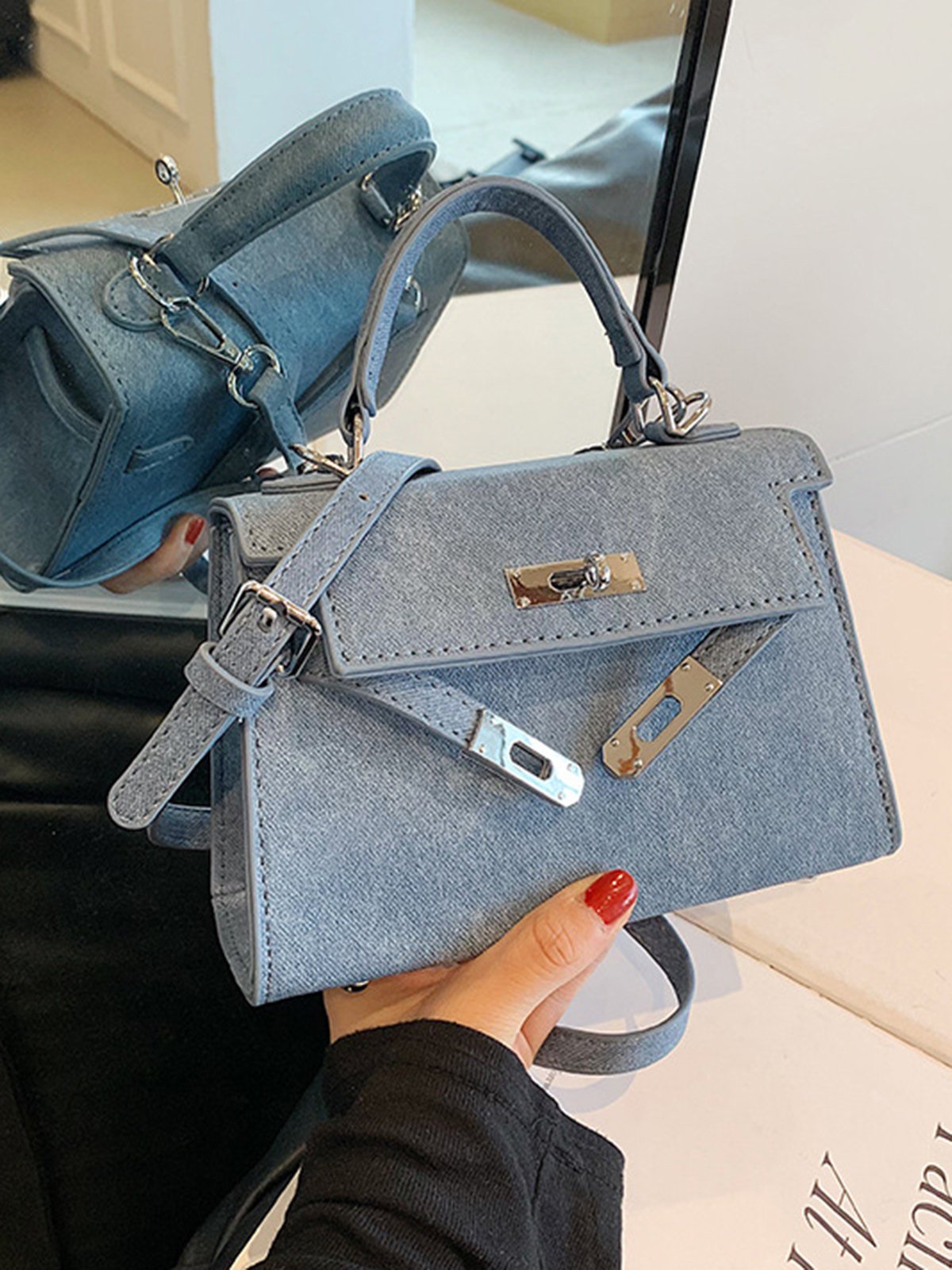Women Minimalist Denim Twist Lock Handbag with Cross-body Strap