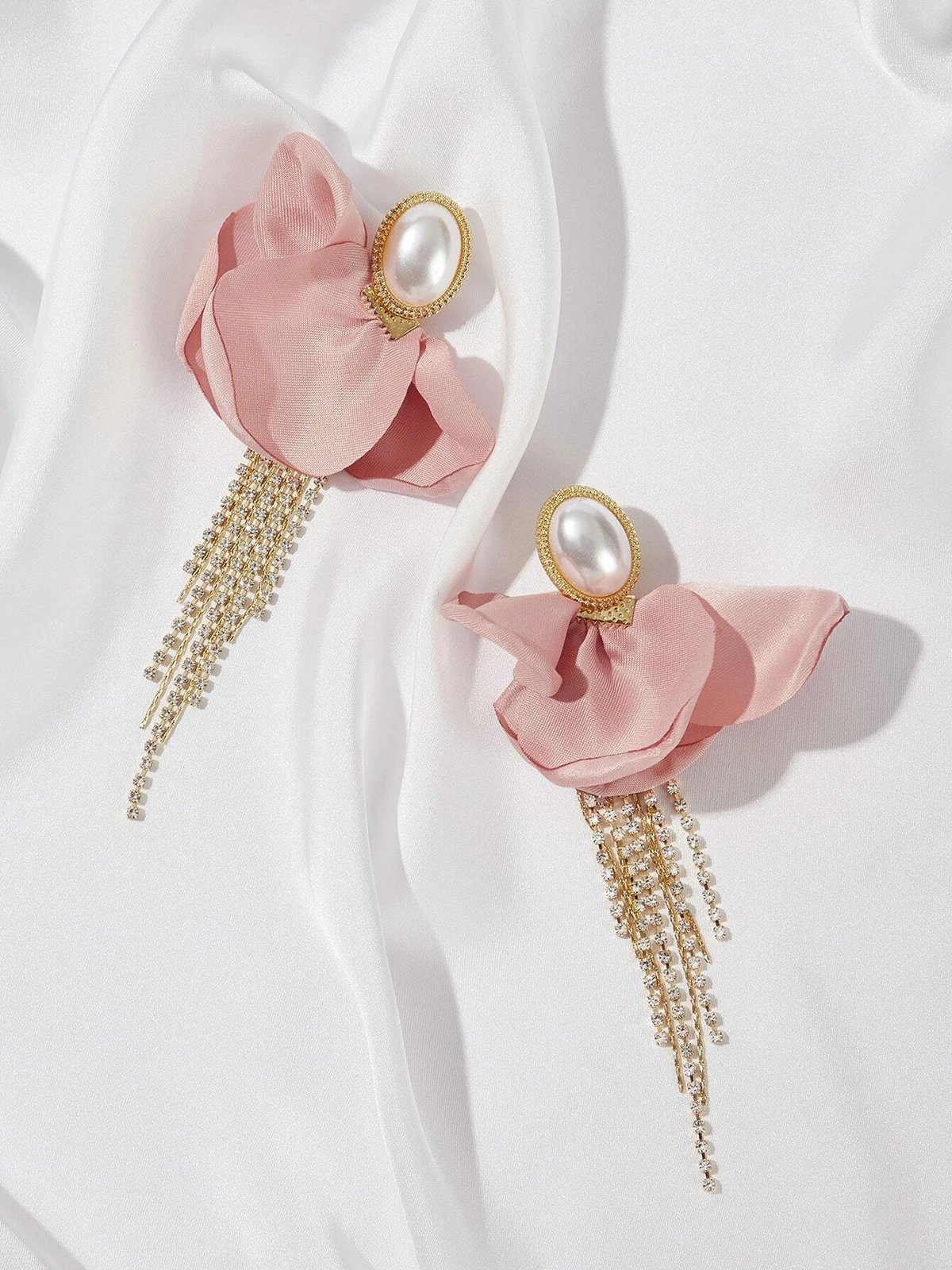 Elegant Pink Flower Imitation Pearl Rhinestone Tassel Drop Earrings