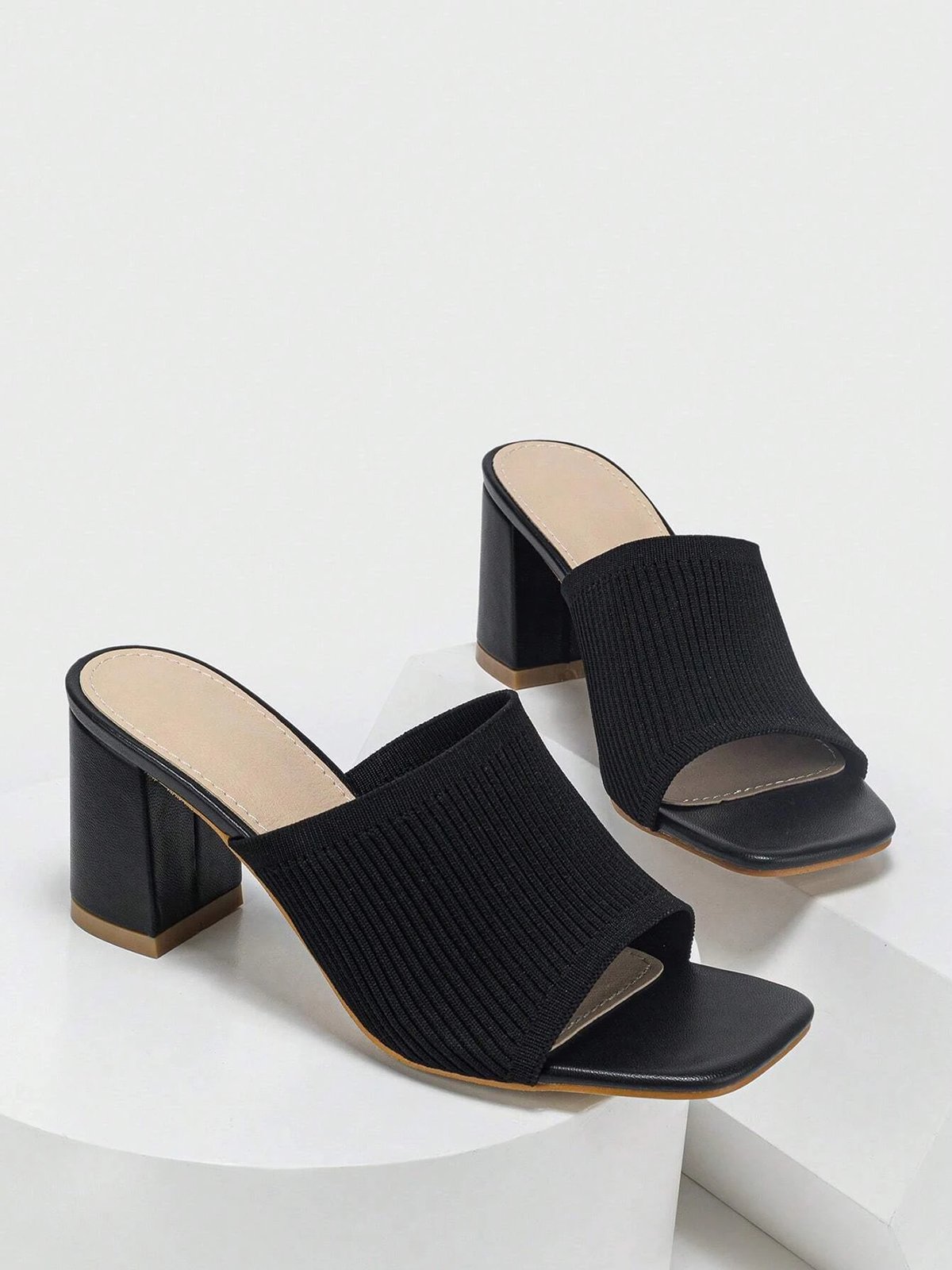 Women Minimalist Mesh Fabric Chunky Heeled Mule Sandals