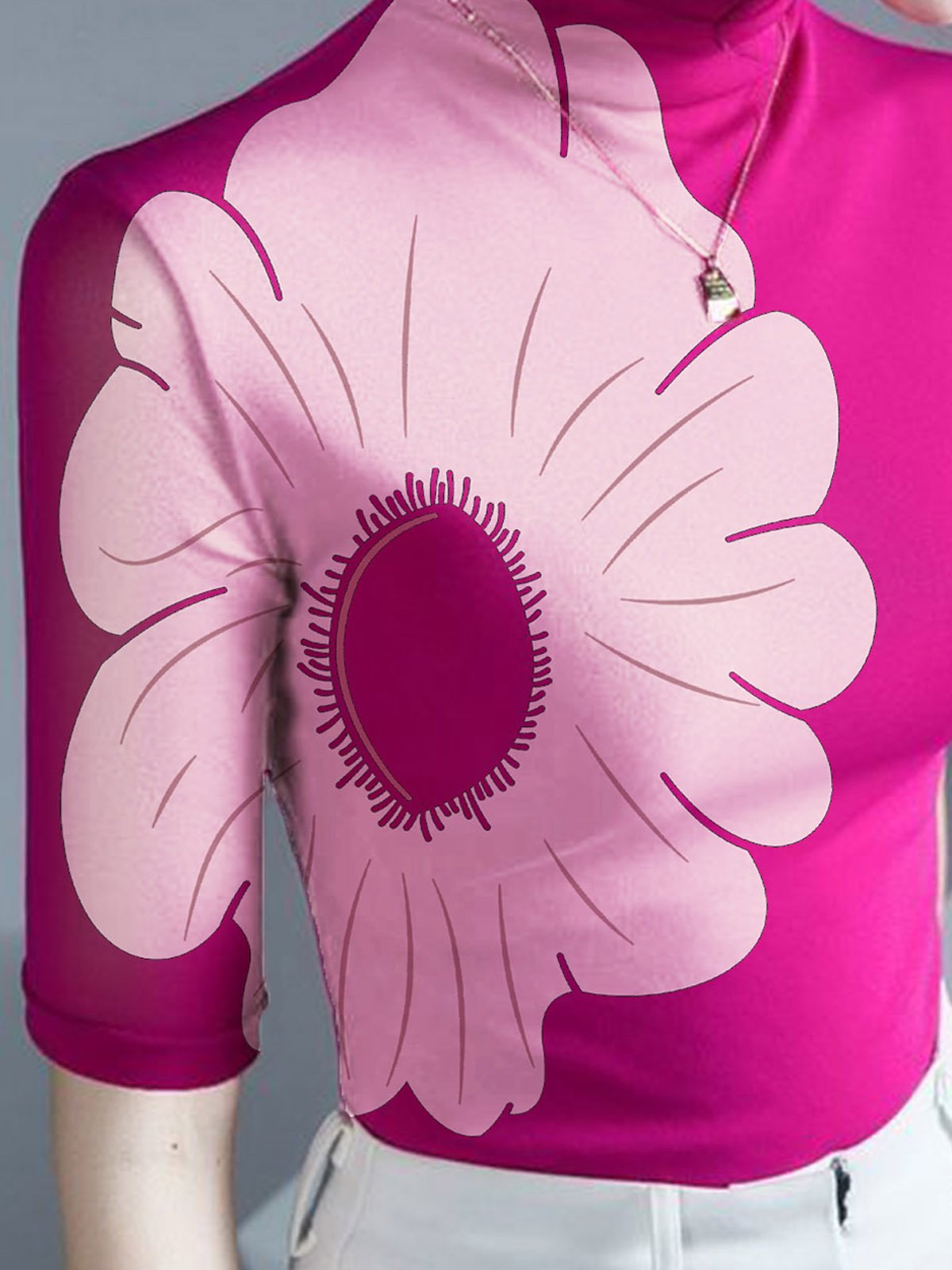 Half Sleeve Elegant Tight Turtleneck Floral T-Shirt