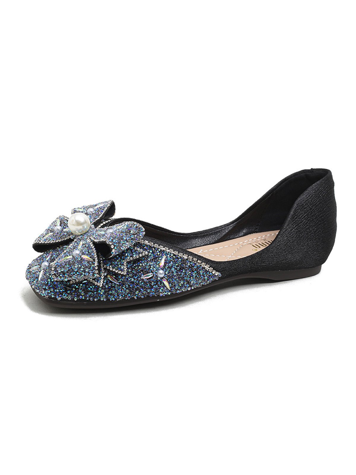 Sparkling Rhinestone Bowknot Elegant Imitation Pearl Flat Heel Square Toe Shallow Shoes