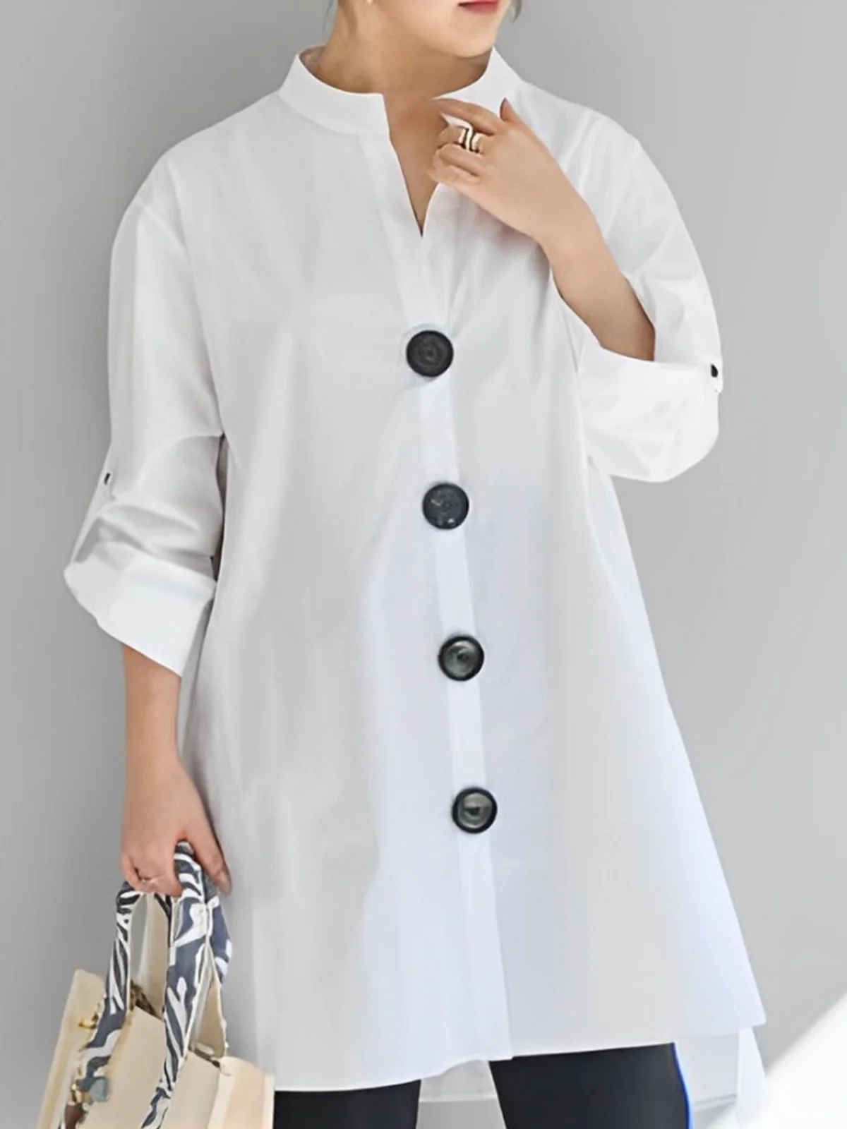 Daily Loose Casual Buttoned Stand Collar Plain Blouse