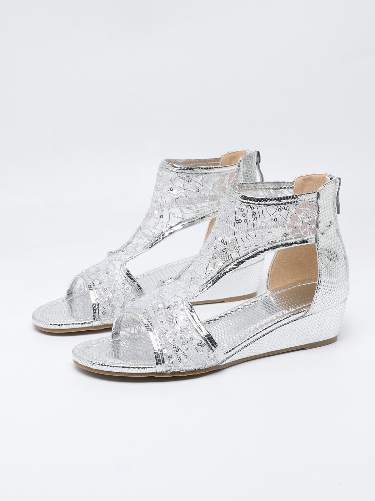 Silver Sequined Mesh Paneled Wedge Sandals