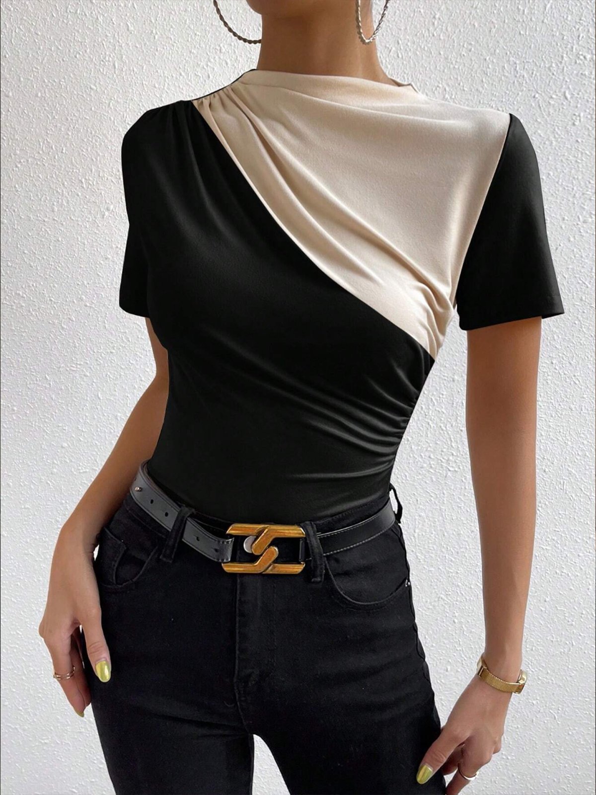 Casual Color Block Ruched Daily Short Sleeve T-Shirt