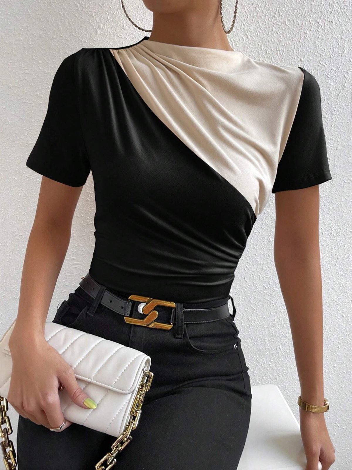 Casual Color Block Ruched Daily Short Sleeve T-Shirt