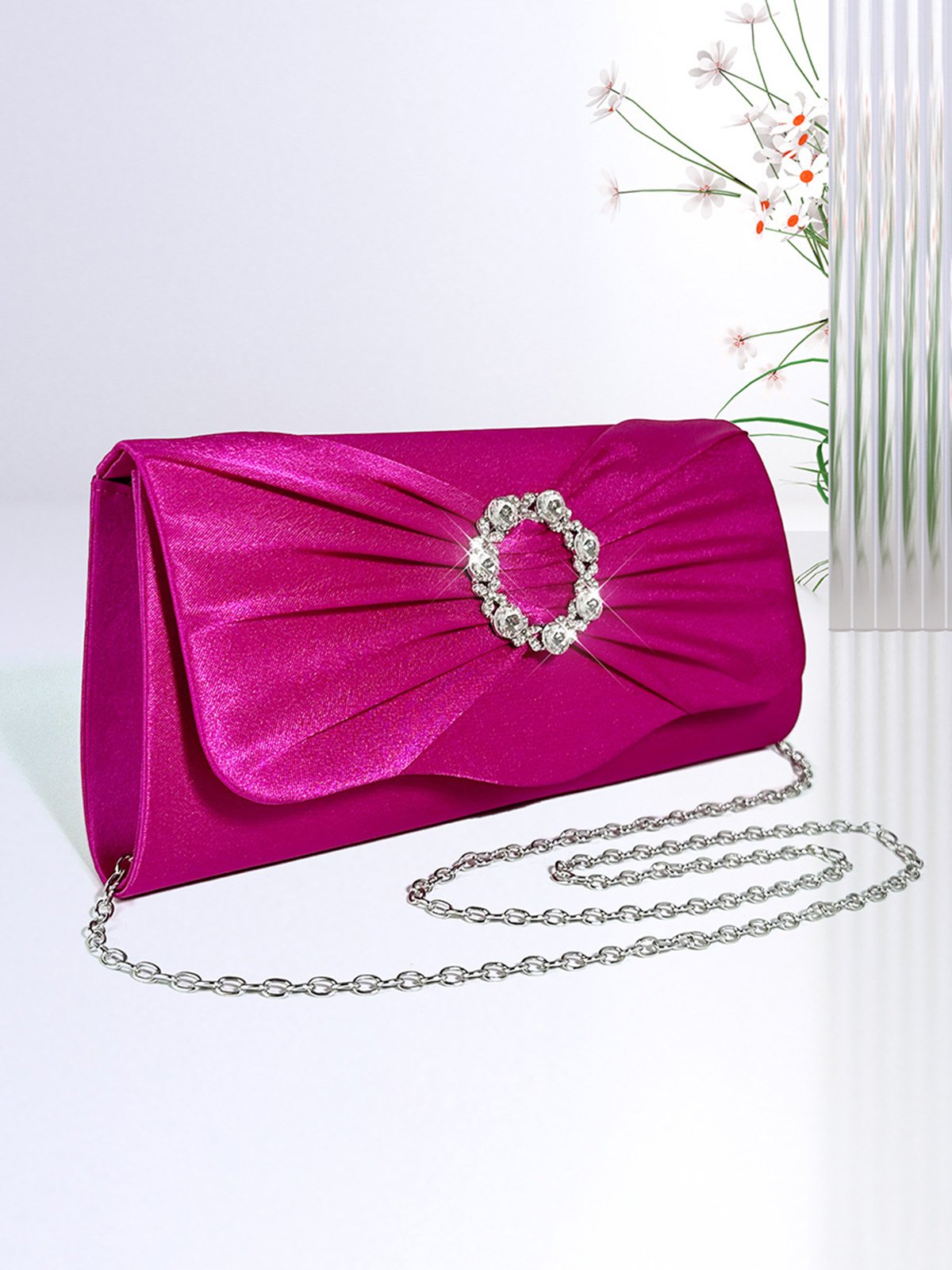 Rhinestone Ruched Party Satin Clutch Bag with Crossbody Chain Strap