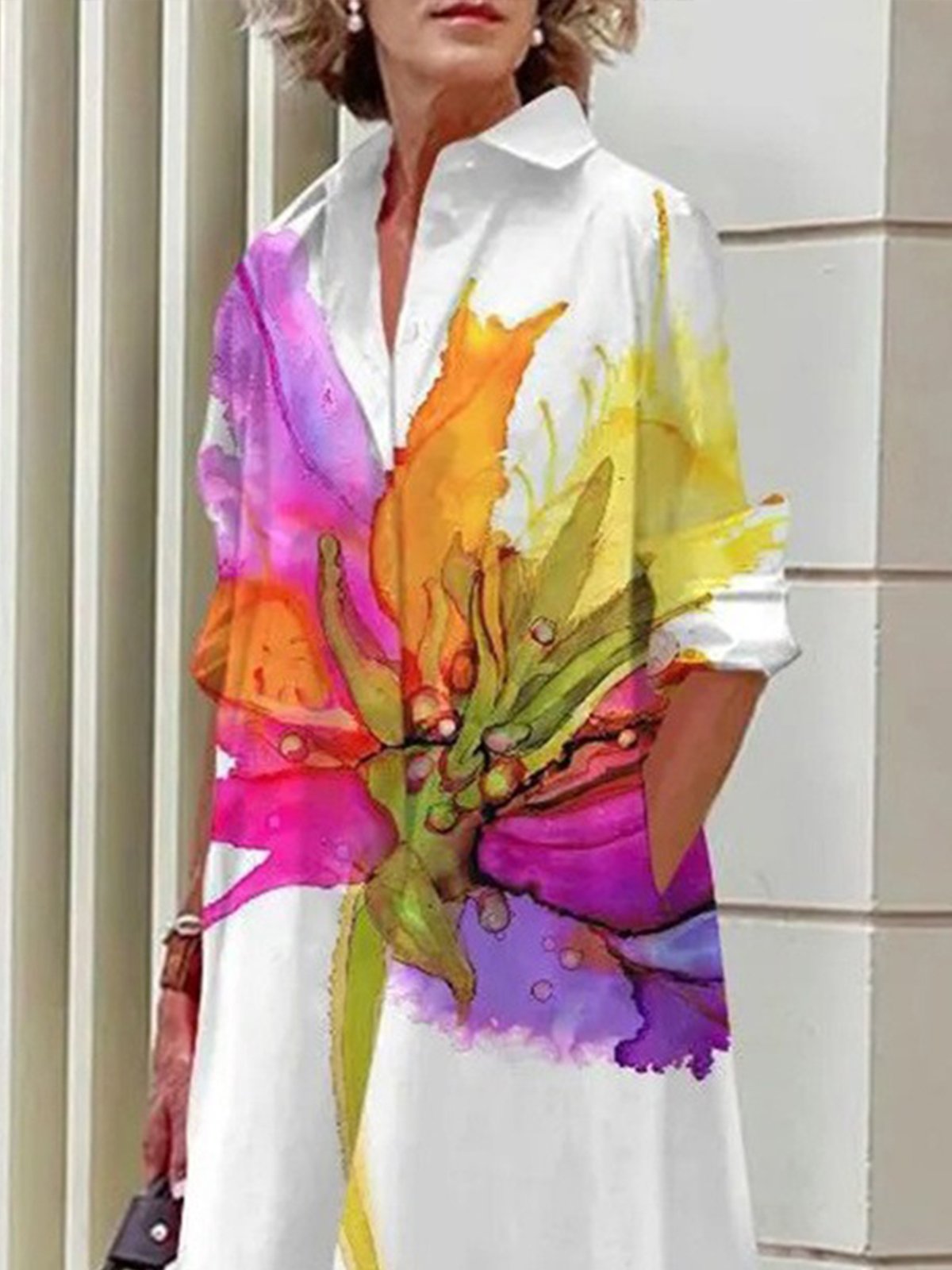 Plus Size Daily Floral Shirt Collar Casual Pocket Shirt  Dress