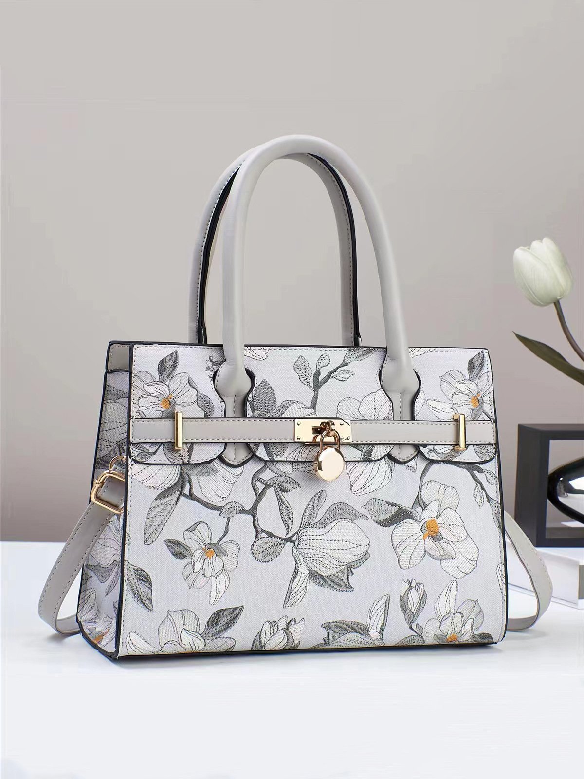 Elegant Floral Printed Tote Bag Large Capacity Handbag with Crossbody strap