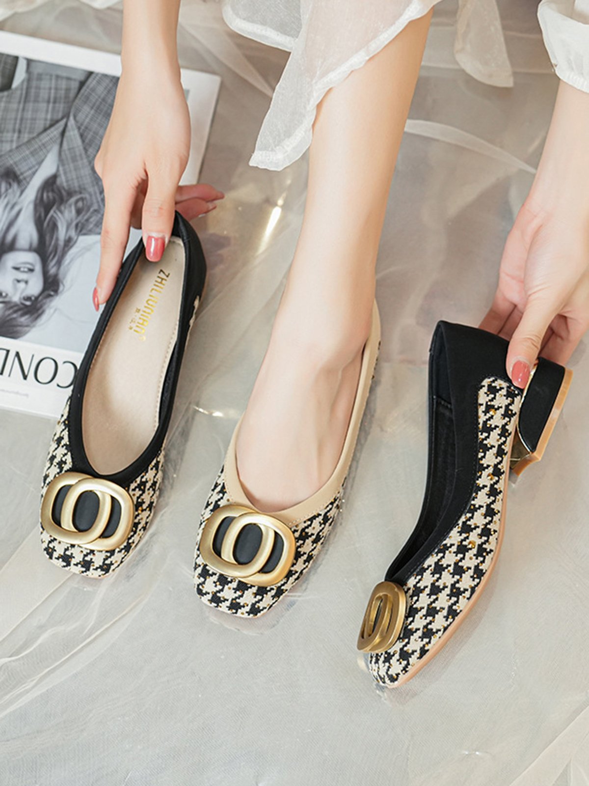 Elegant Metal Decor Houndstooth Square Toe Low Heel Shallow Shoes