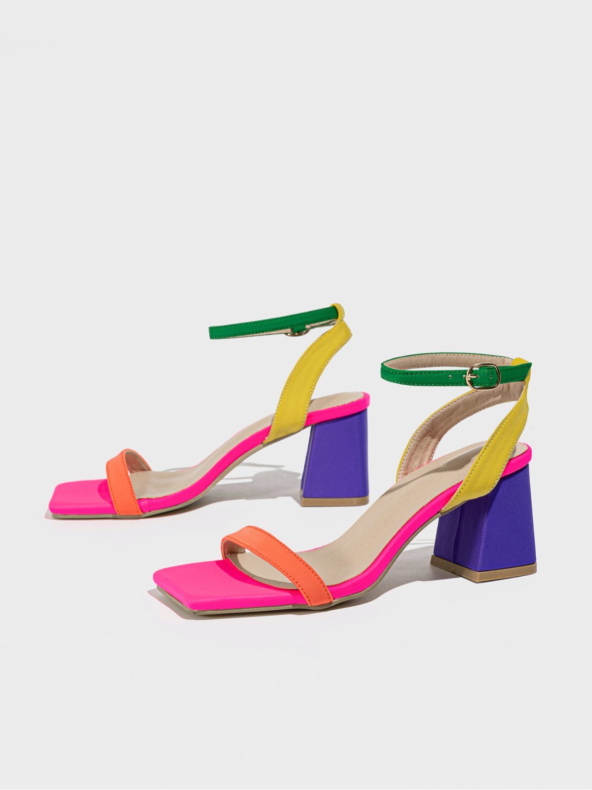 Multicolor Square Toe Ankle Strap Block Heel Sandals