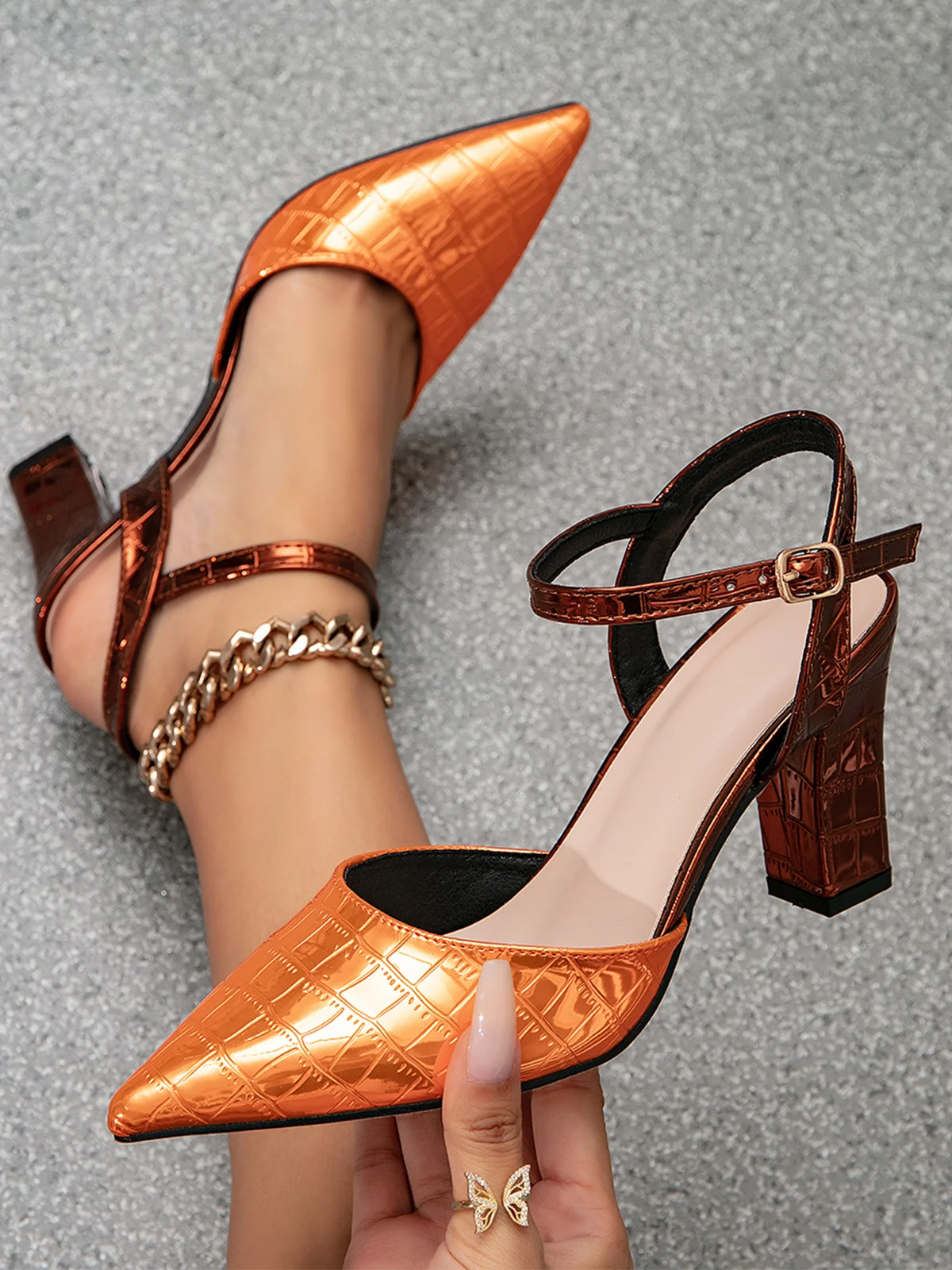 Color-block Croc-embossed Chunky Heel Ankle Strap Pumps