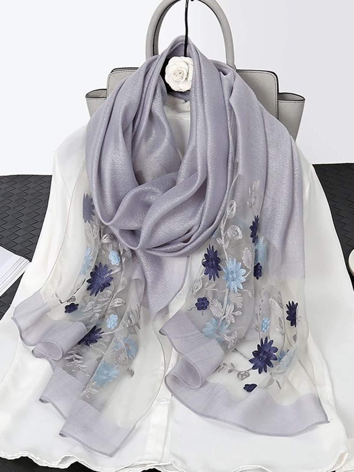 Elegant Floral Embroidery Imitation Silk Scarf