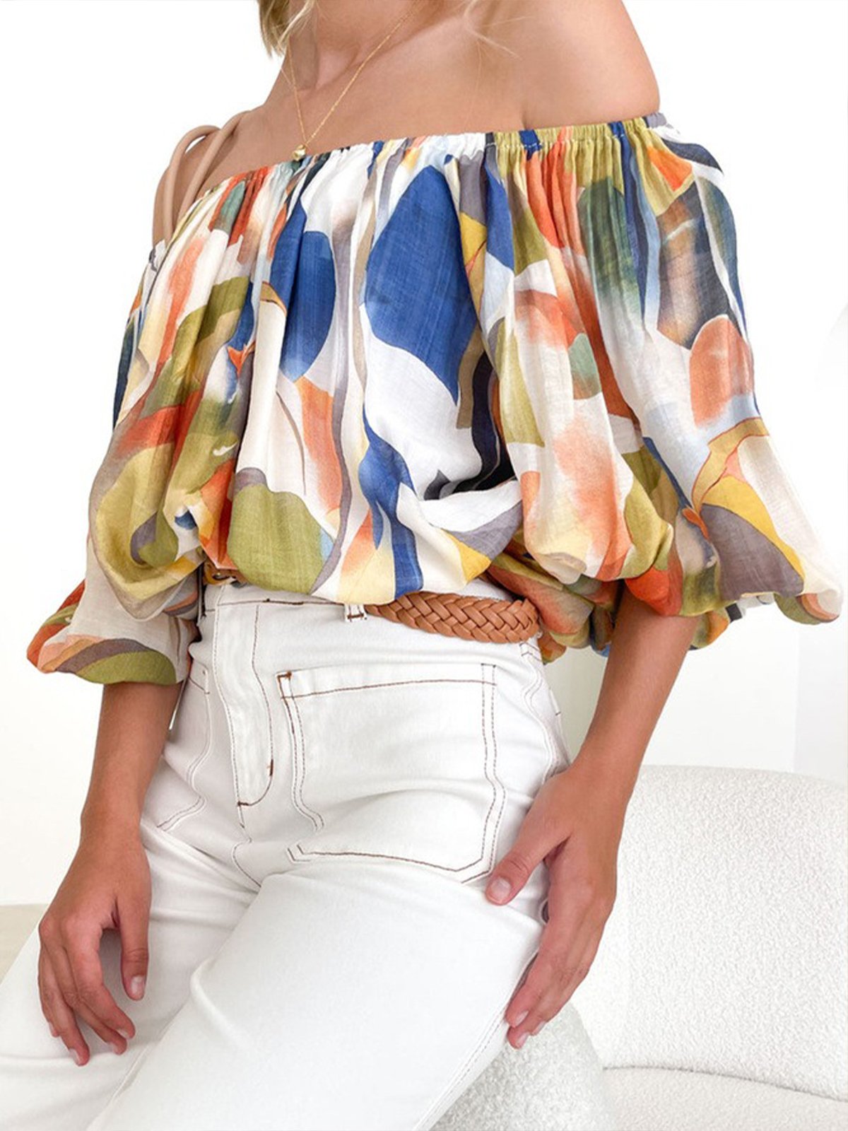 Plus Size Loose Boat Neck Vacation Abstract Shirt
