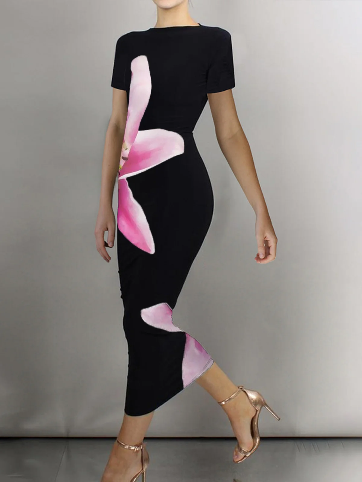 Tight Boat Neck Short Sleeve Floral Elegant Midi Dress