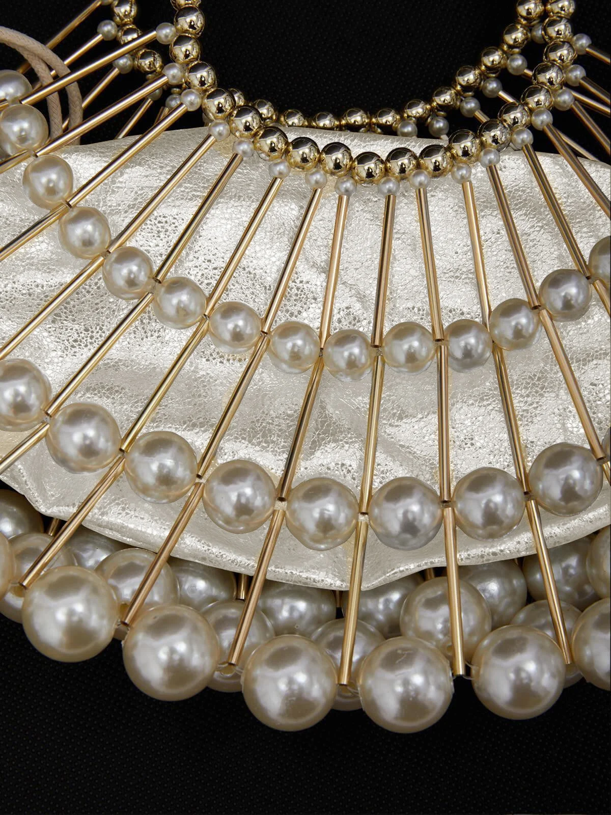 Elegant Beaded Scalloped Handbag with Imitation Pearls Crossbody Strap