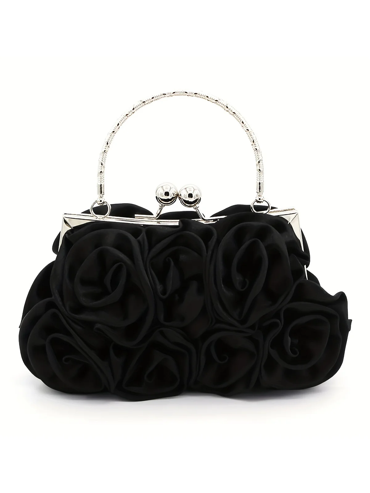 Elegent Flower Decorated Satin Metal Handle Evening Clutch with Chain Strap