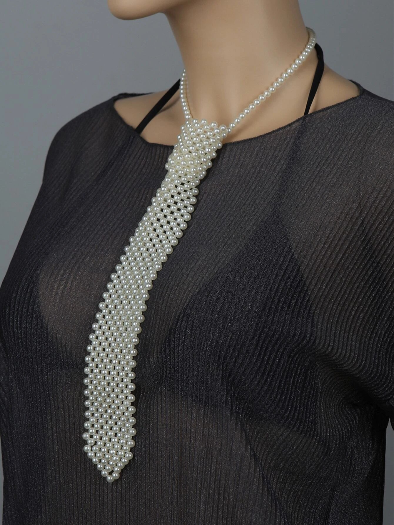 Fashionable Imitation Pearl Beaded Weave Tie Necklace