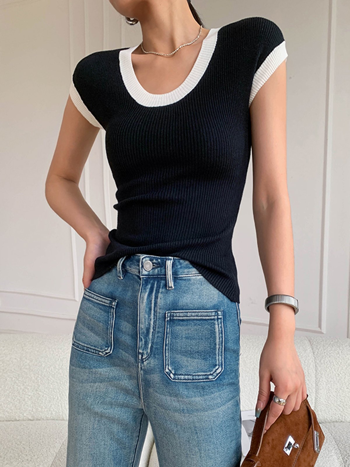 Casual Daily Crew Neck Color Block T-Shirt