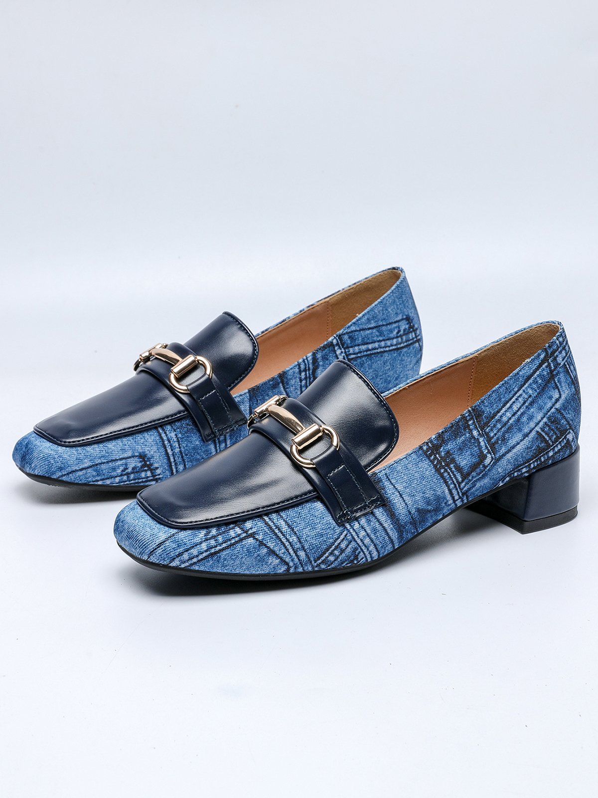 Fashionable Denim Paneled Color-block Square Toe Loafers
