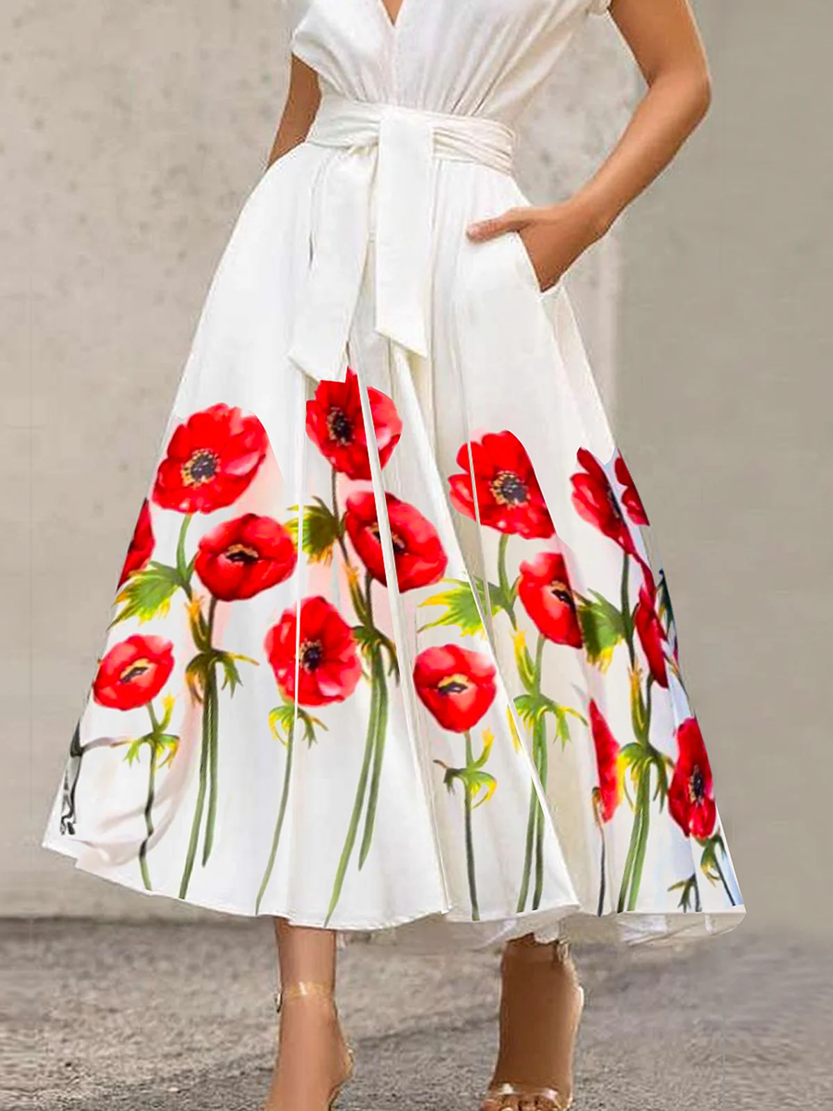 Floral Regular Fit V Neck Short Sleeve Elegant Maxi Dress With Belt
