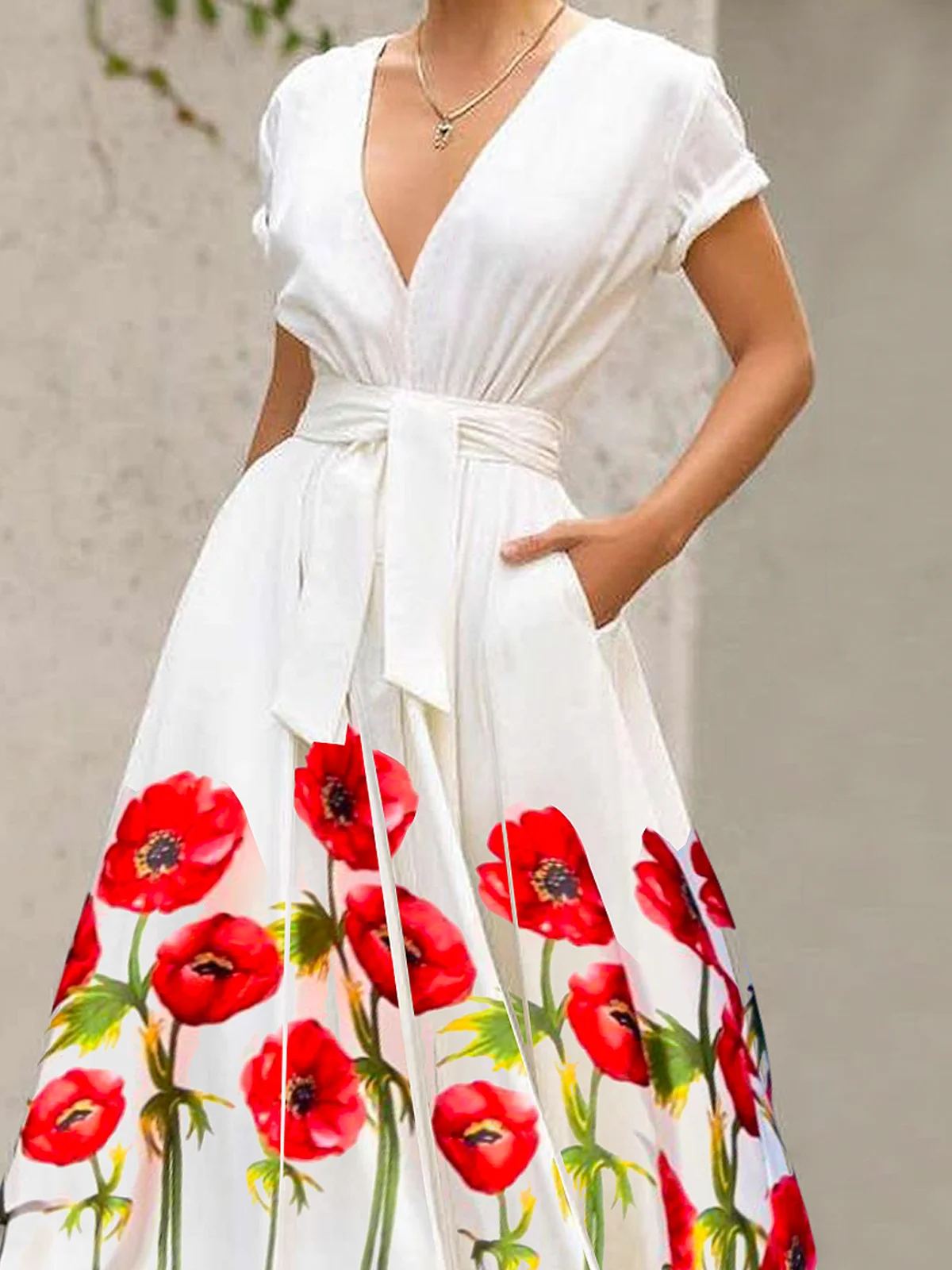 Floral Regular Fit V Neck Short Sleeve Elegant Maxi Dress With Belt