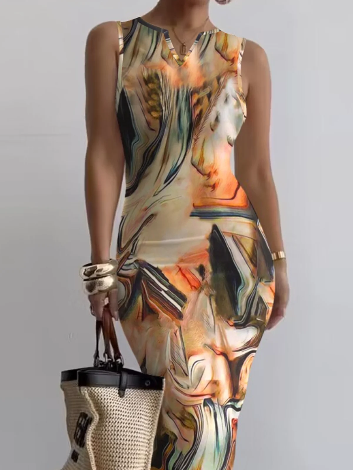 Daily Abstract High Elasticity  S-Line Maxi Dress