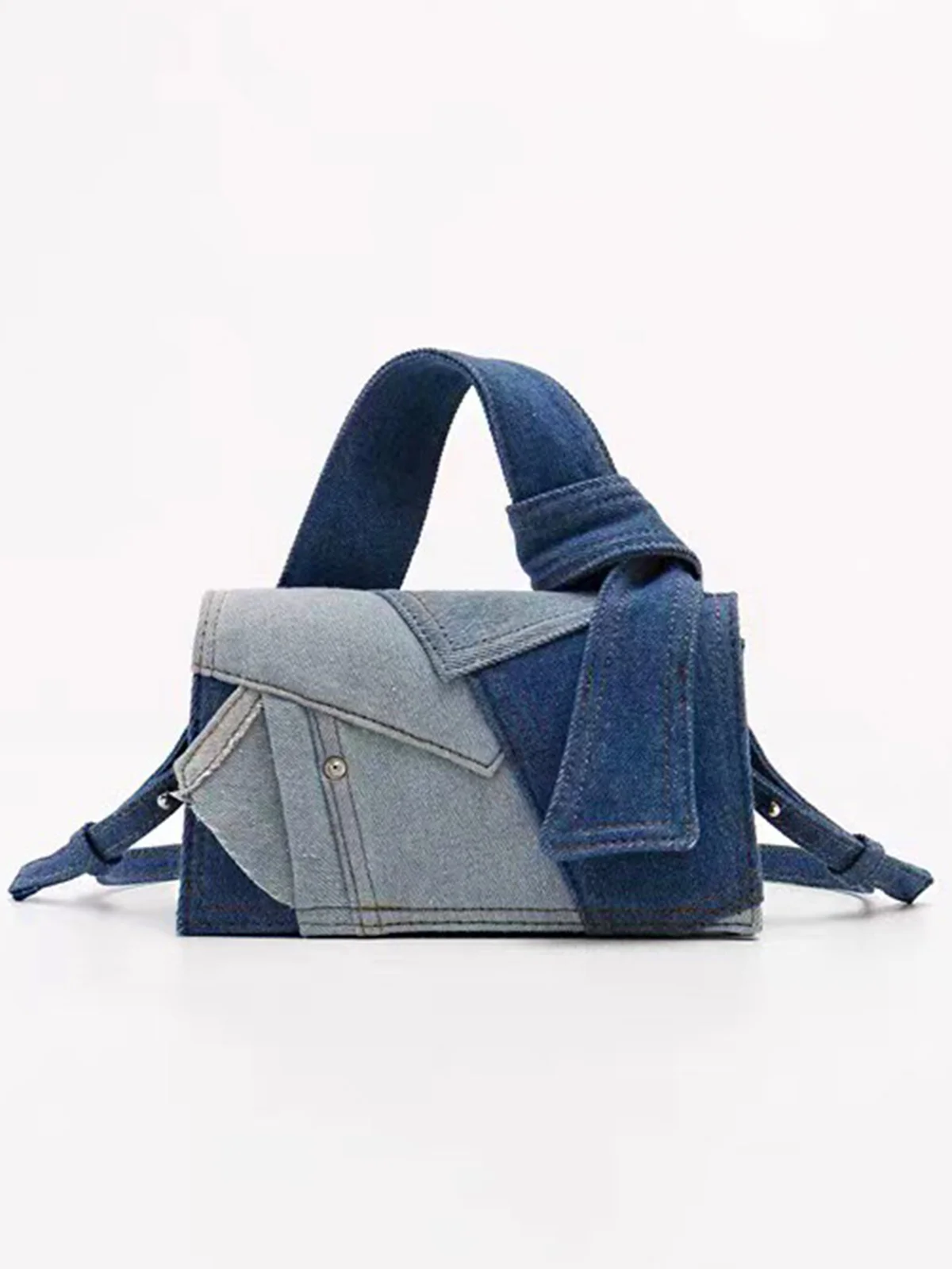 Fashionable Color Block Denim Stitching Handbag With Crossbody Strap