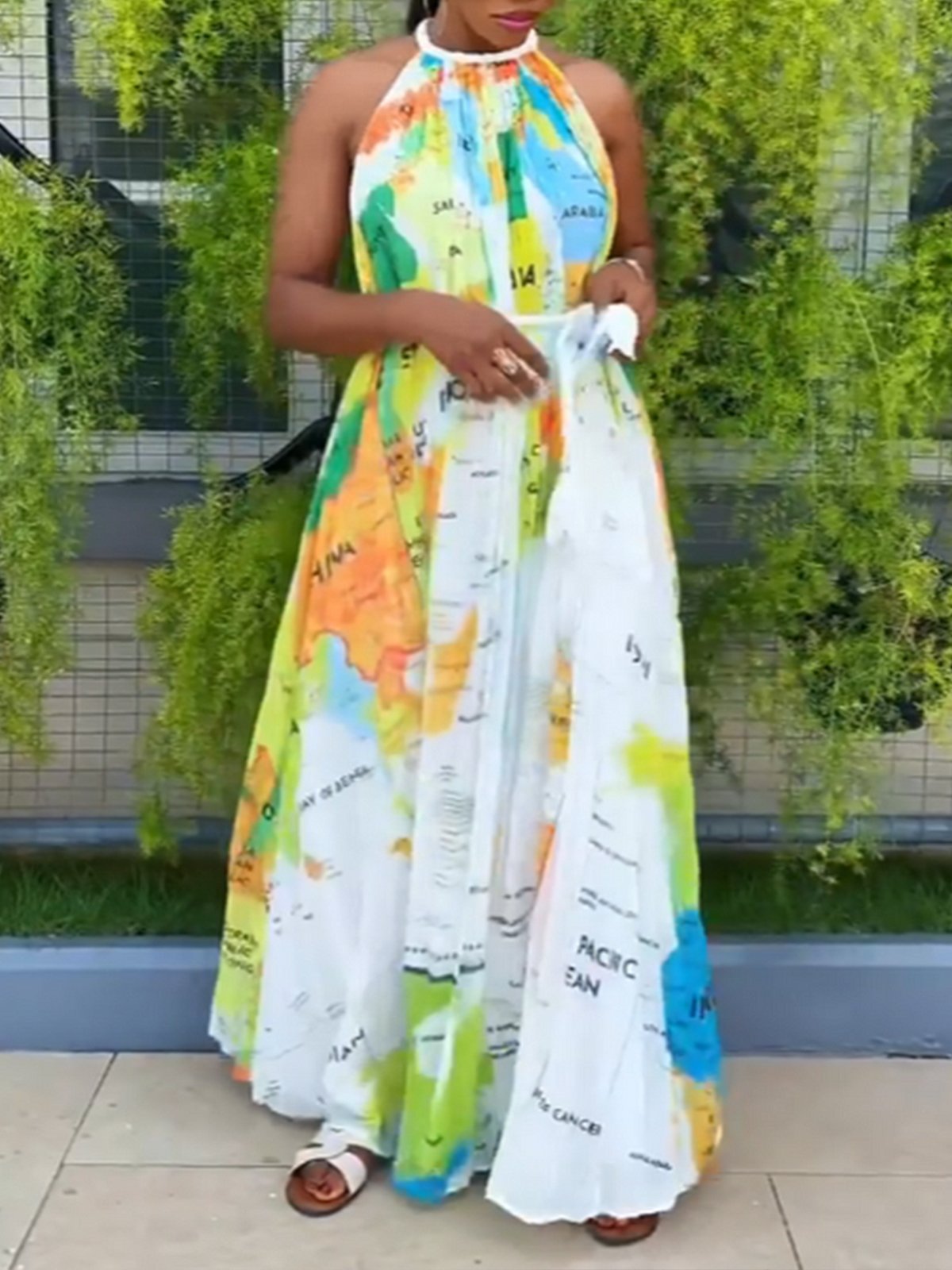 Vacation Halter Map Print Loose Dress With Belt