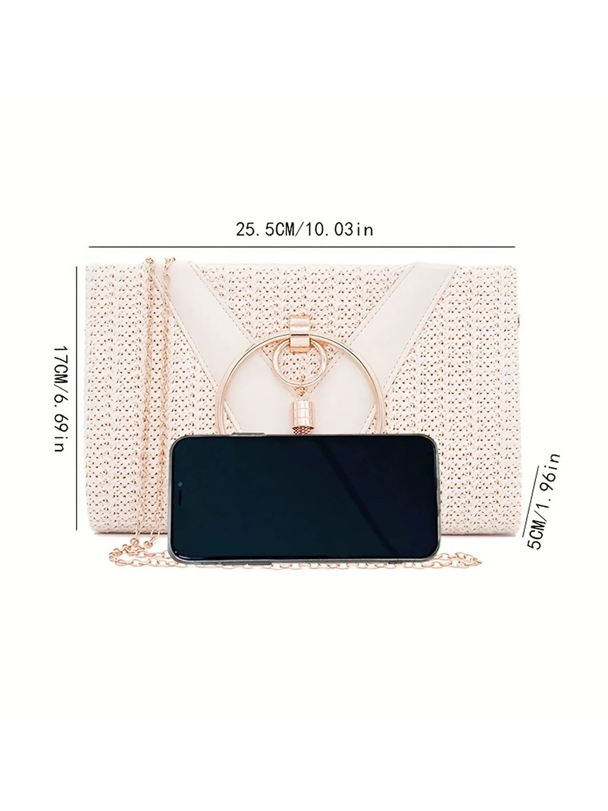 Elegant Metal Handle Ring Handbag Woven Evening Clutch Bag with Tassel Pendant