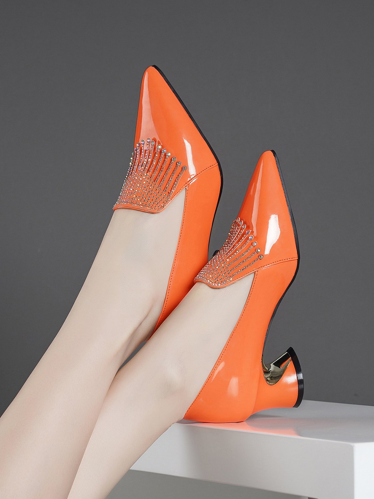 Rhinestone Patent Leather Pumps Spool Heel Dress Shoes