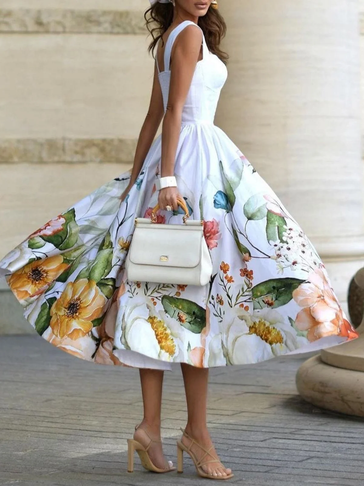 Elegant Floral High Waist Sleeveless Dress