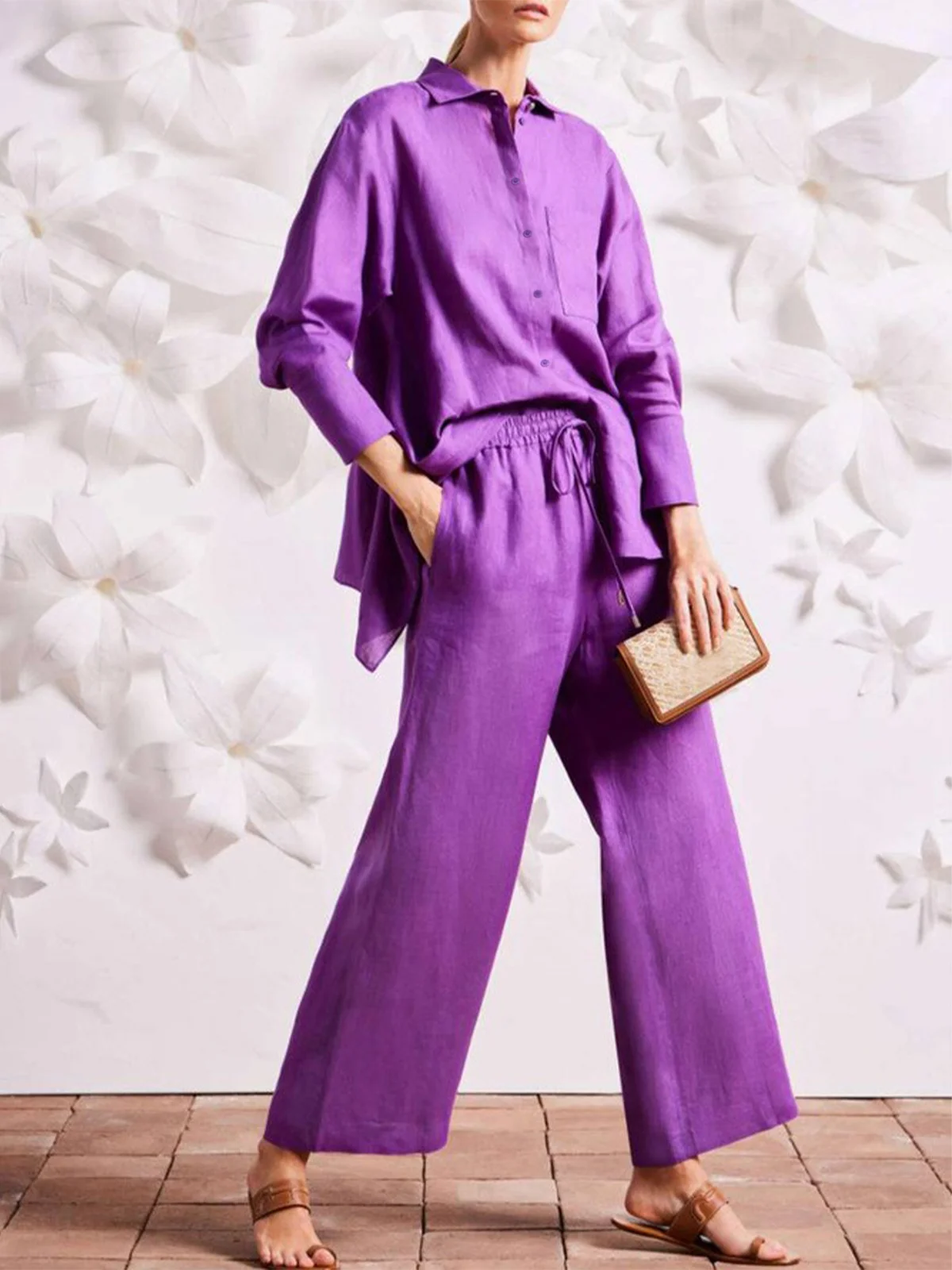 Daily Shirt Collar  Casual Plain Loose Linen Blouse