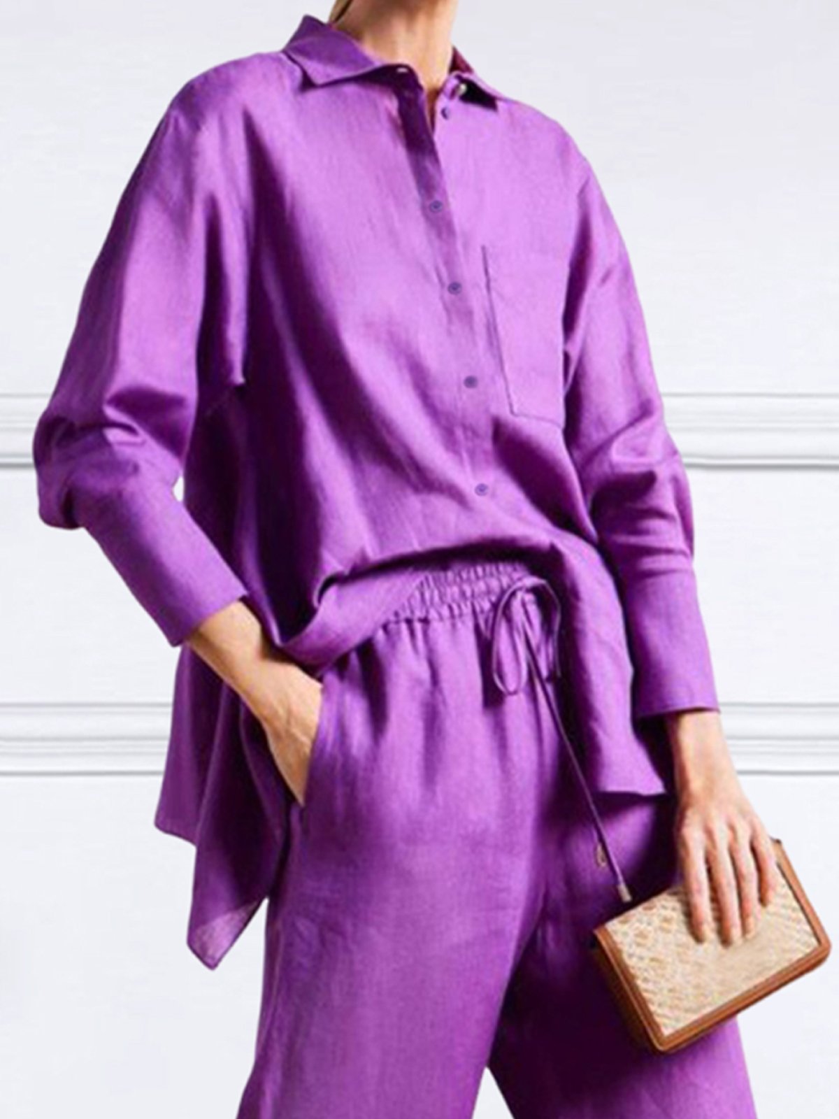 Daily Shirt Collar  Casual Plain Loose Linen Blouse