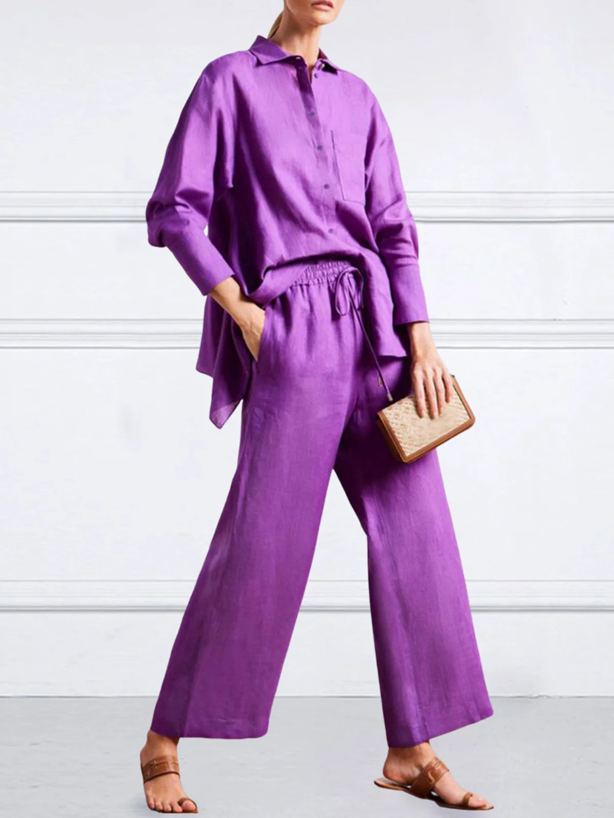 Daily Shirt Collar  Casual Plain Loose Linen Blouse