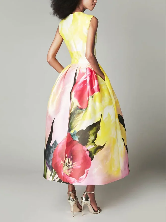 Plus Size Floral V Neck Regular Fit Elegant Midi Dress