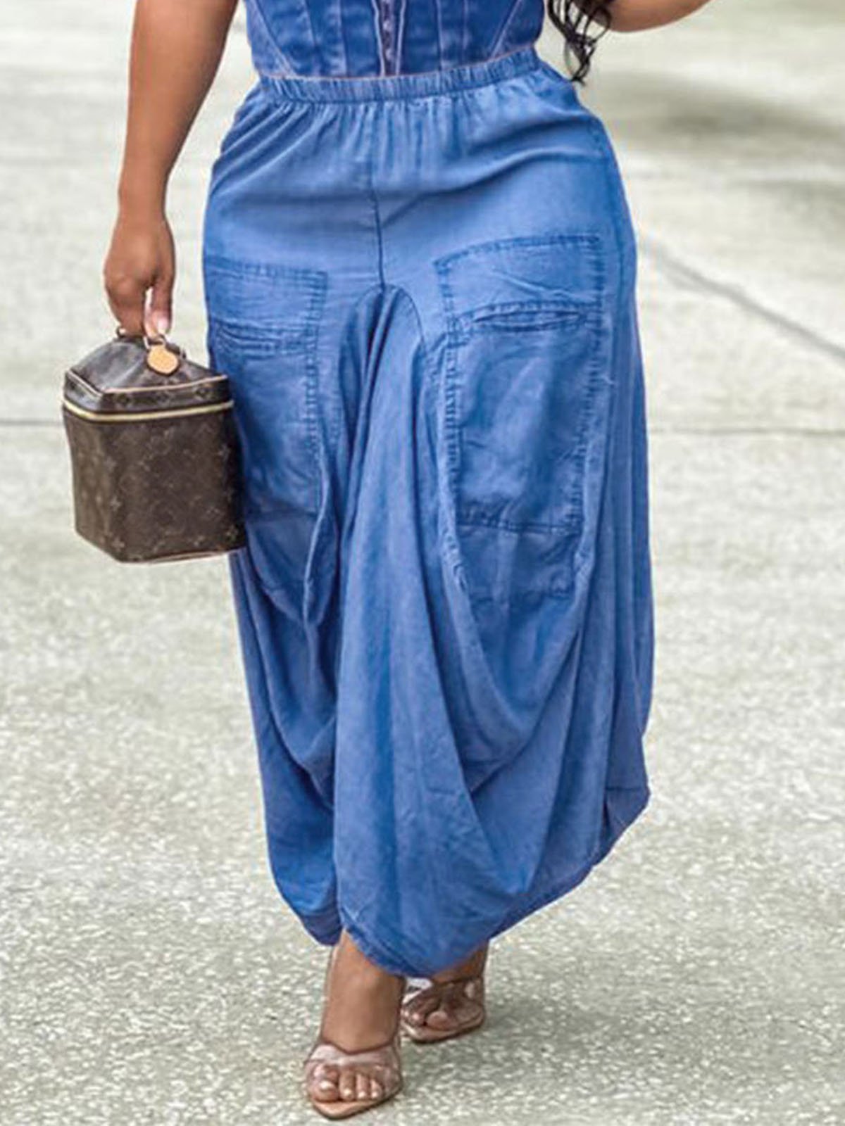 Casual Denim Plain Loose Long Skirt