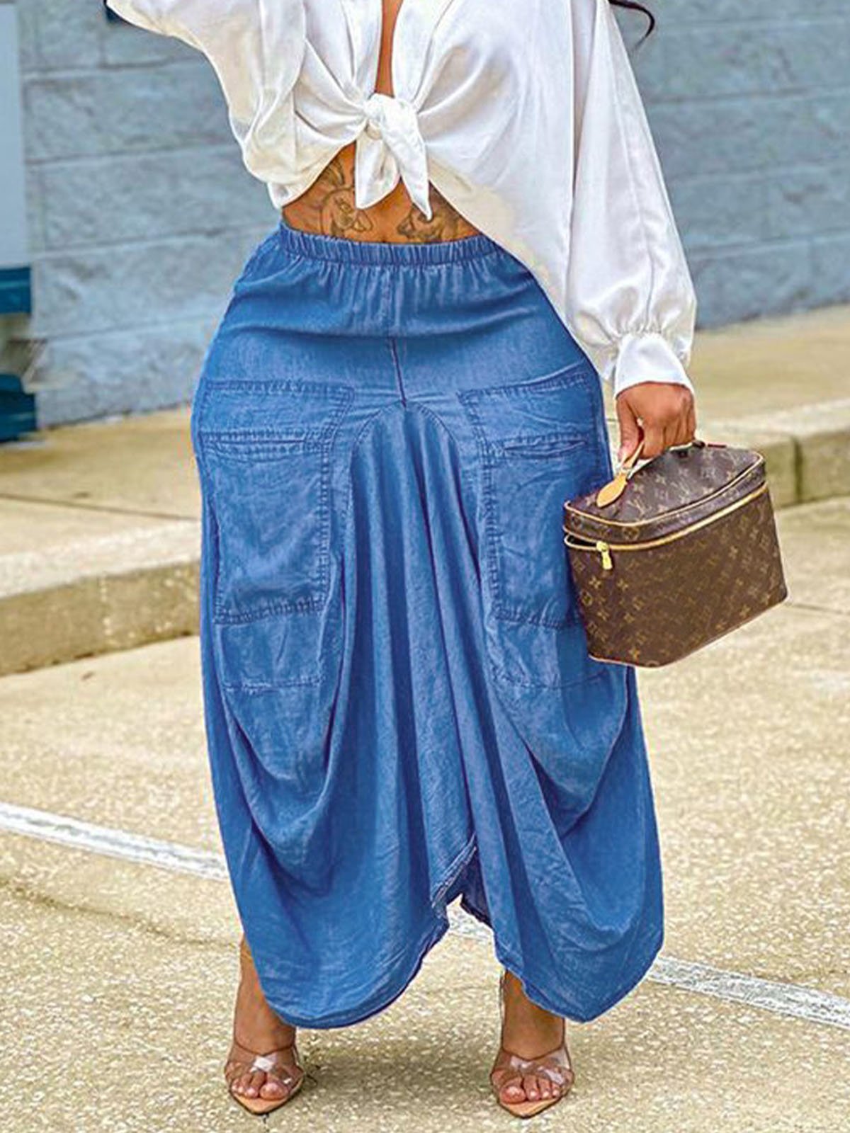 Casual Denim Plain Loose Long Skirt