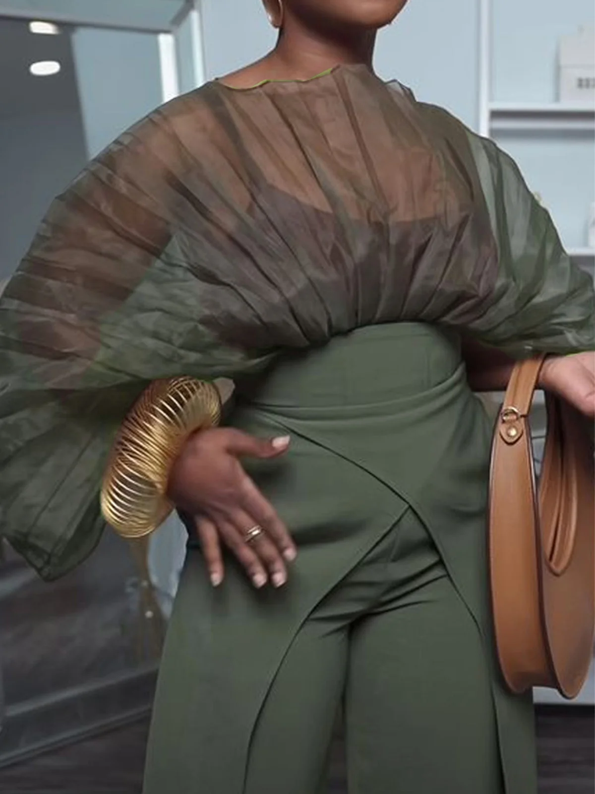 Urban Crew Neck Loose Plain Pleated Shirt