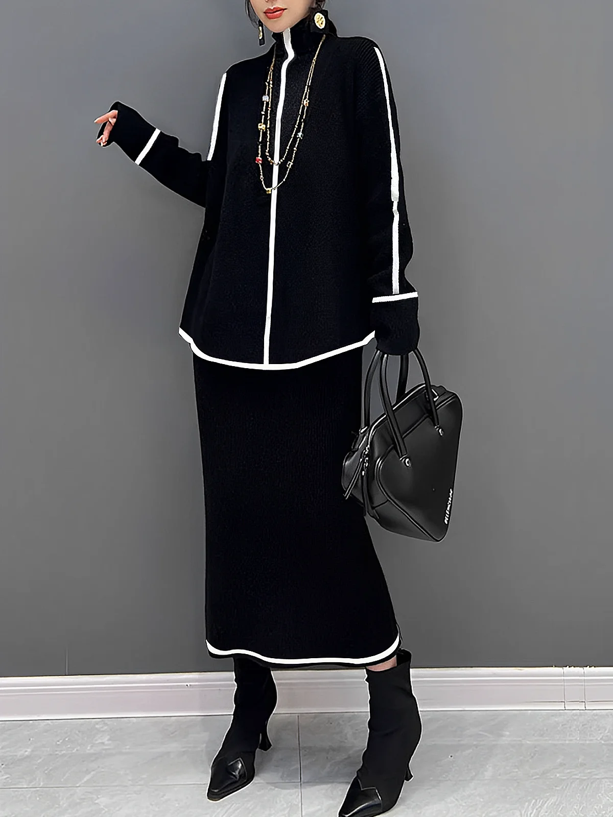 High Elasticity Casual Color Block Midi Sweater Skirt