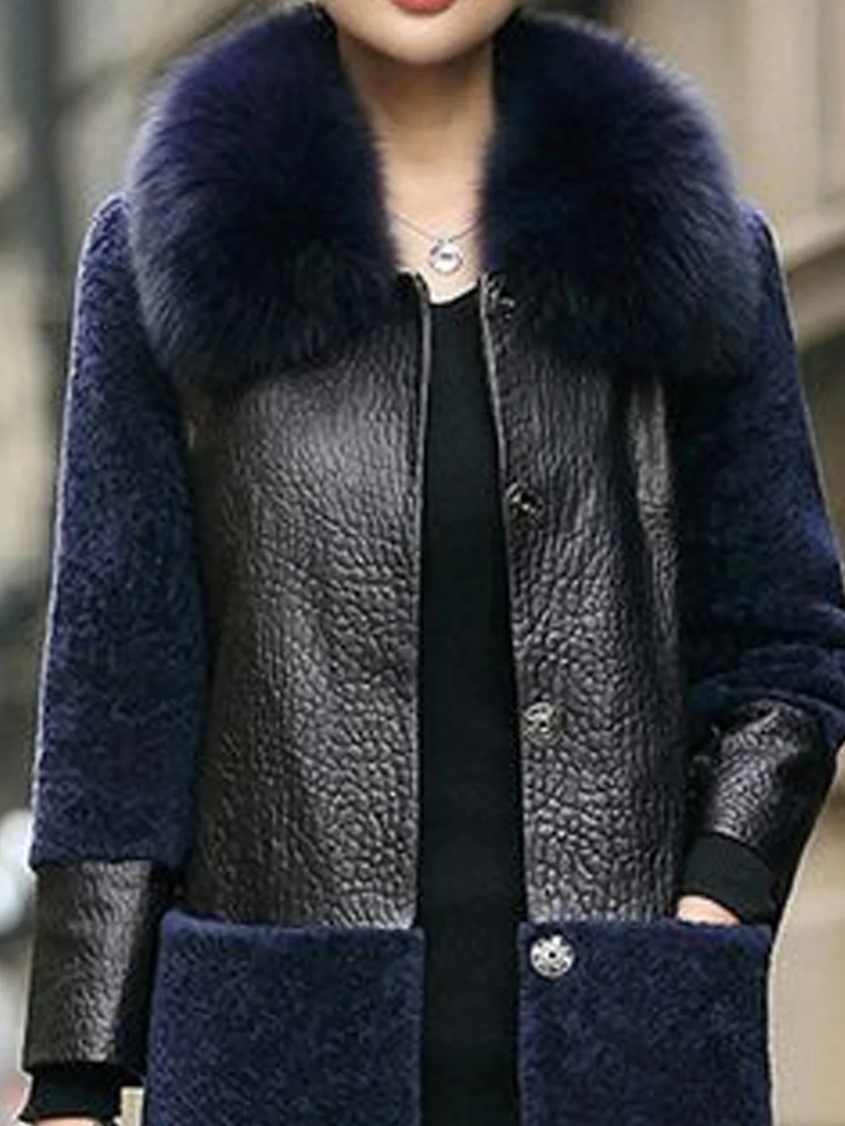 Color-Blocked Leather Trimmed Teddy Coat
