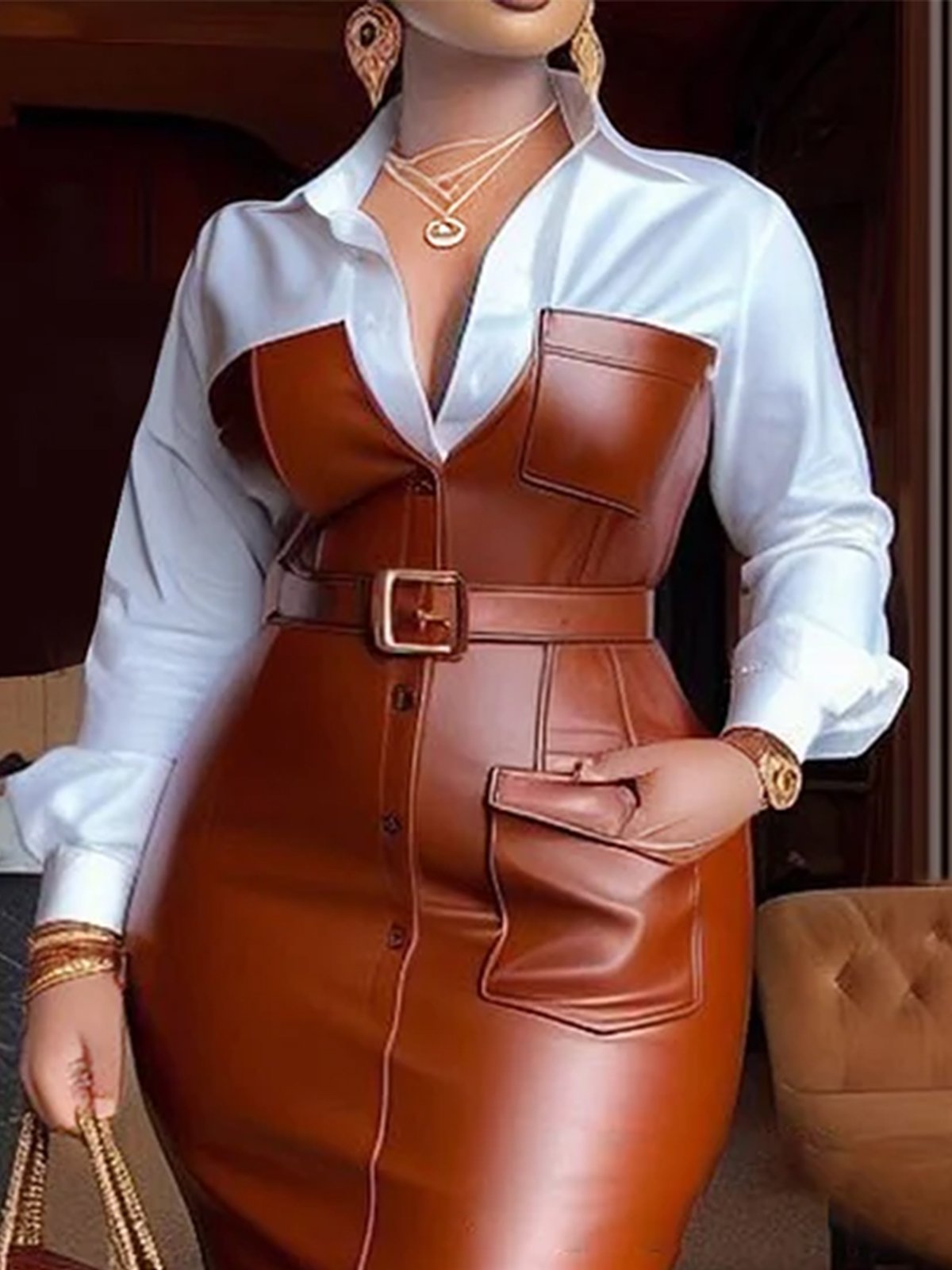 Urban Shirt Collar Faux Leather Midi Dress With Belt