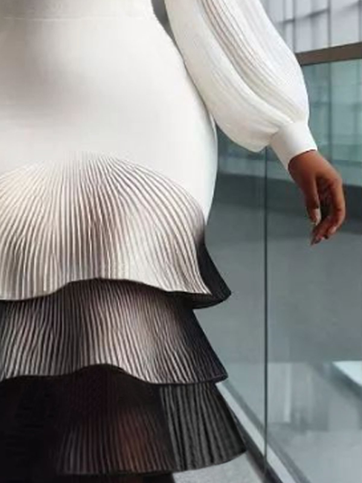 Elegant Split Joint Balloon Sleeve Mermaid Skirt Midi Dress