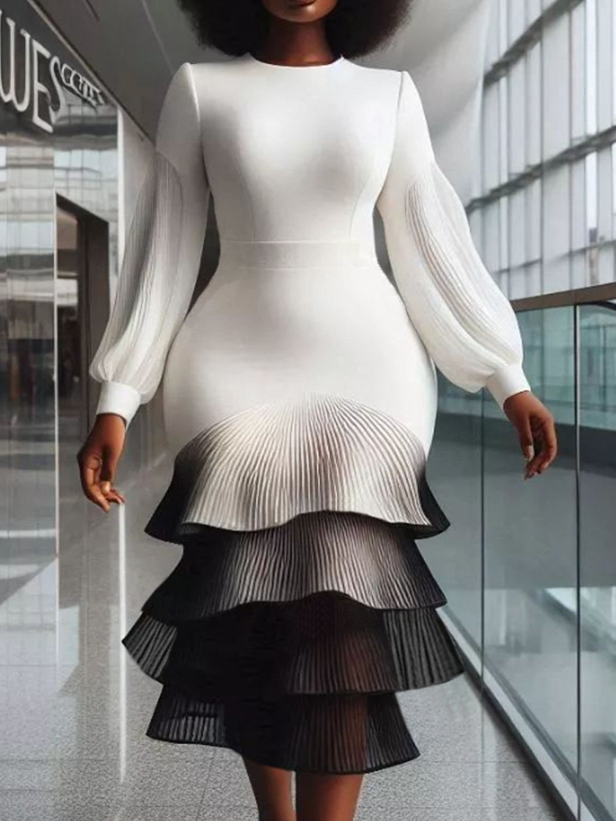 Elegant Split Joint Balloon Sleeve Mermaid Skirt Midi Dress