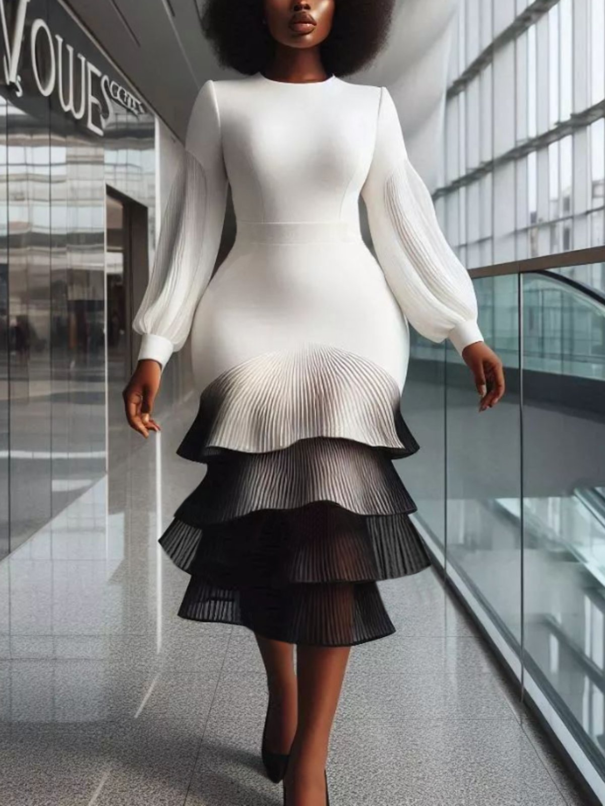 Elegant Split Joint Balloon Sleeve Mermaid Skirt Midi Dress