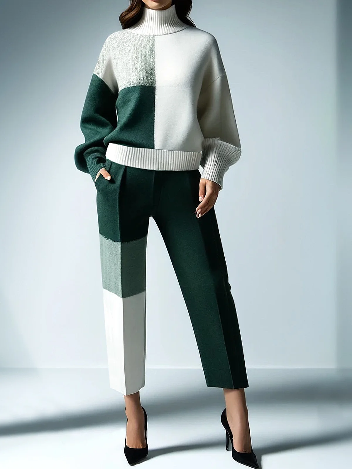 Casual Color Block Turtleneck Sweater