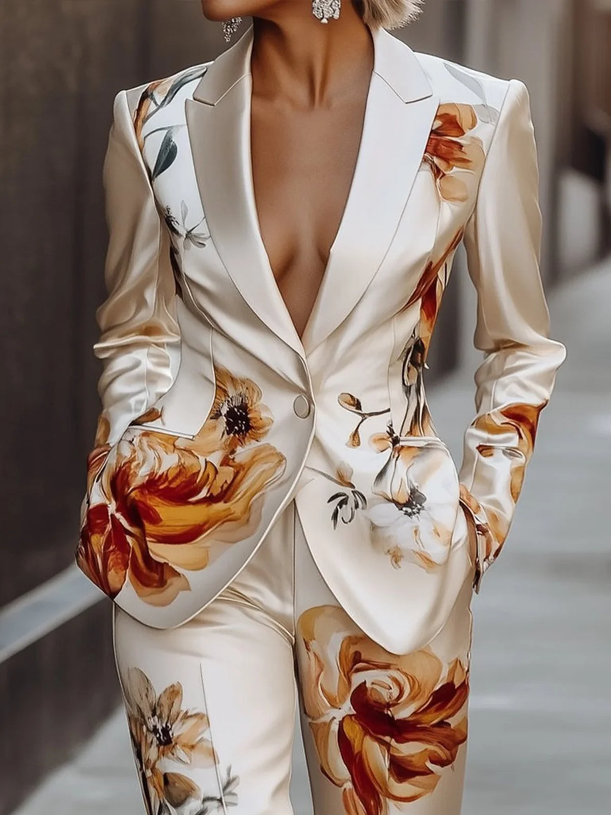 Elegant Luxury Satin Floral Statement Blazer