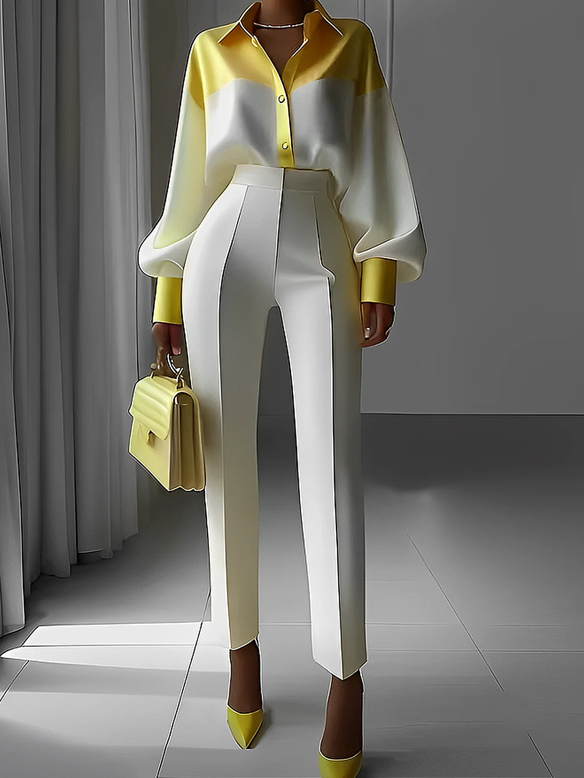 Satin Urban Balloon Sleeve Color Block Shirt