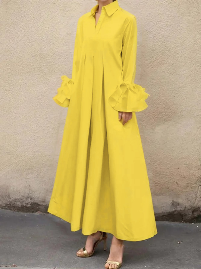 Urban Plain Ruffle Sleeve Shirt Collar Maxi Dress