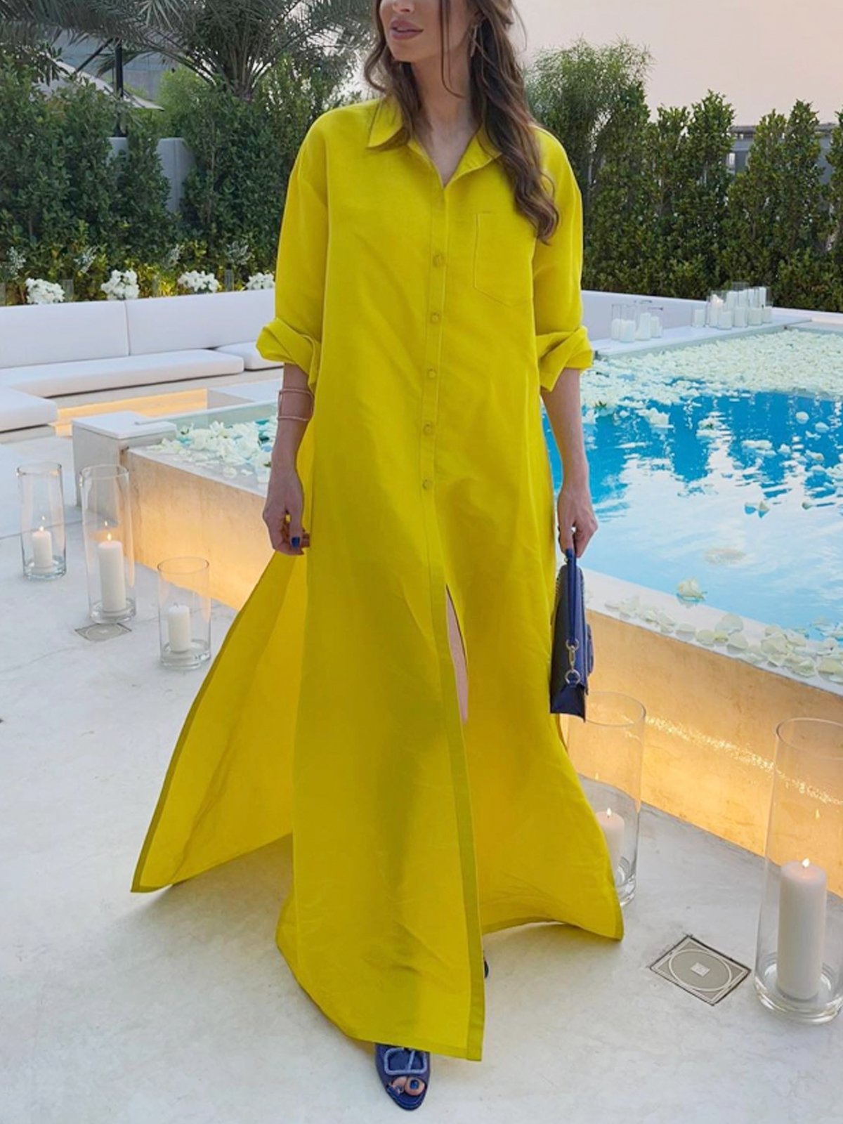 Casual Plain Buttoned Shirt Collar Maxi Dress